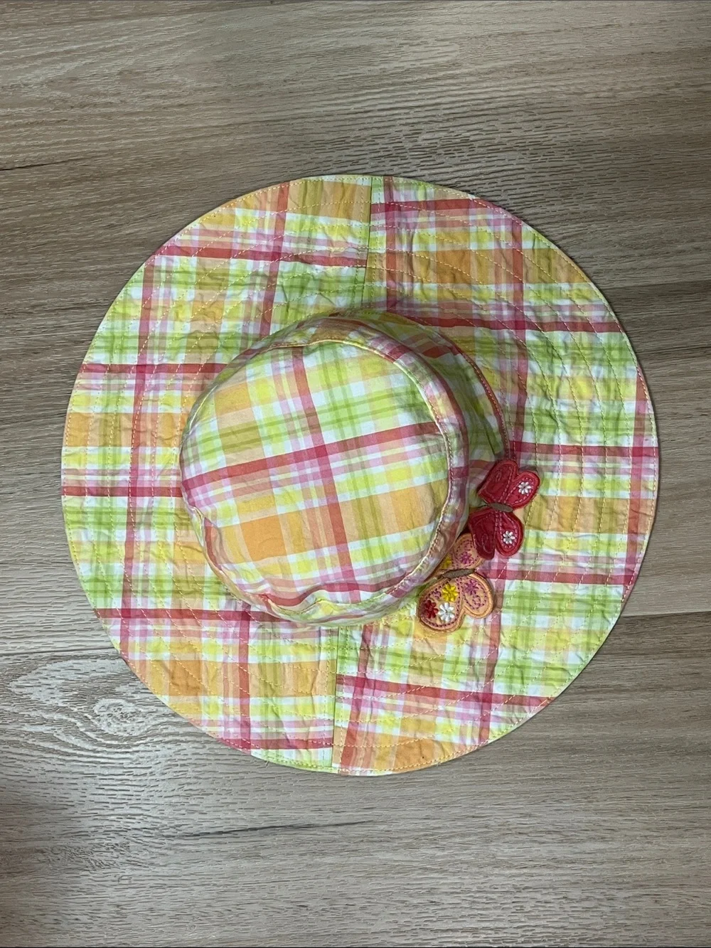 Gymboree Vintage Girls Social Butterfly Pink Plaid Sun Wide Brim Bucket Hat, 5-7